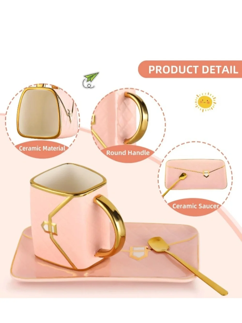 Pink Handbag Shaped Mug, Saucer, and Spoon. Cute Purse Coffee Ceramic Mug Set.